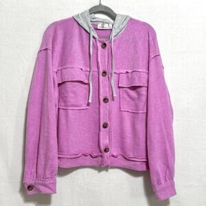 Zenana Large Brushed Hooded Button-Down Cropped Shacket Long Sleeves NWOT